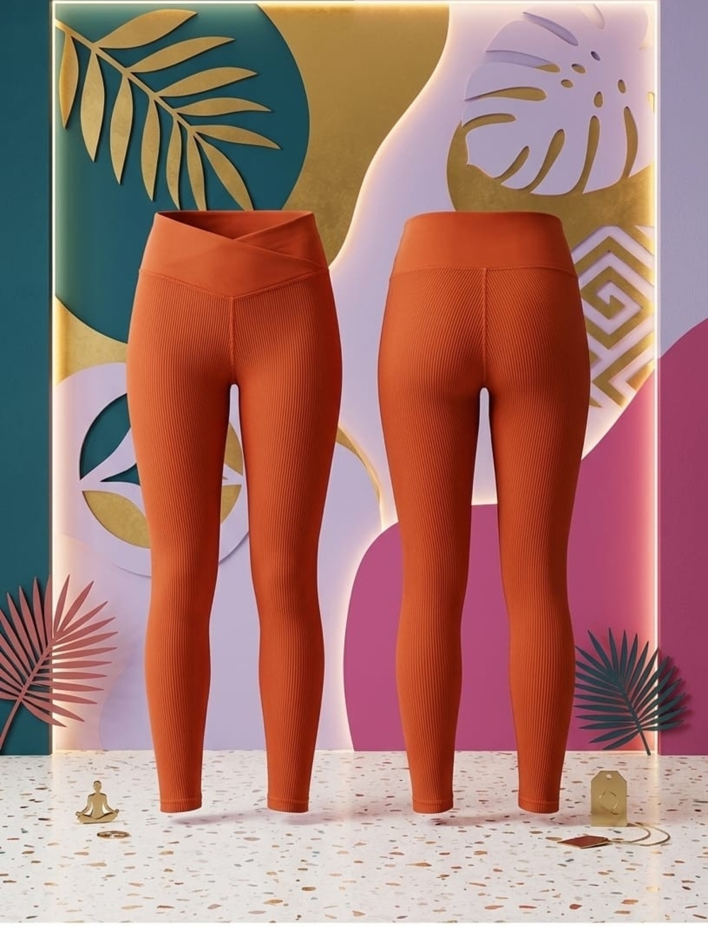 Athleta Salutation Orange Ribbed Ankle Leggings Women M Stretch High Rise